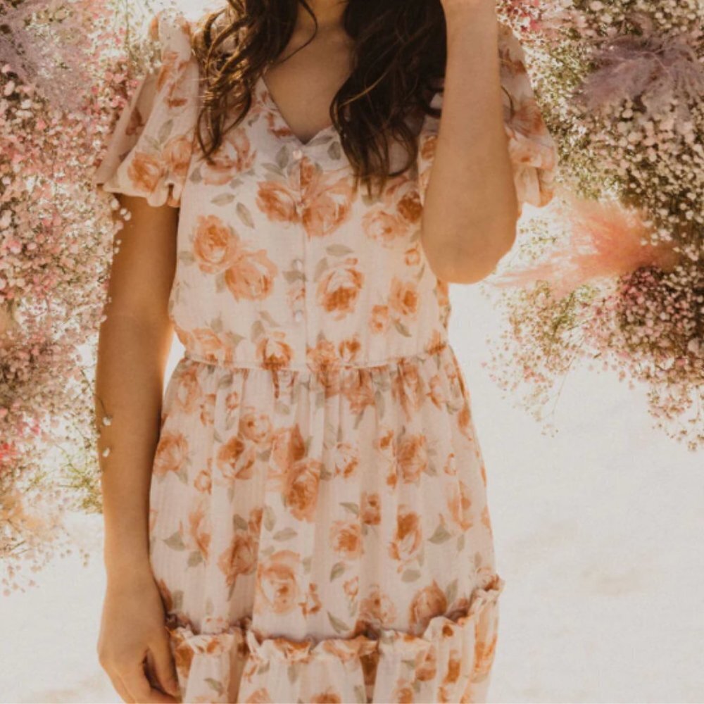 Bohemian Dusty Orange Floral Midi Dress Sz S by Blu Pepper - Picture 7 of 15
